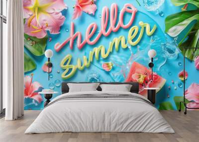 summer greeting with neon lettering, fresh watermelon and tropical flowers Wall mural