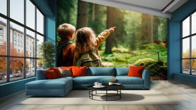 Two young children are pointing towards something in the forest. Wall mural