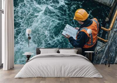 Water engineer inspecting flowing water in treatment plant Wall mural