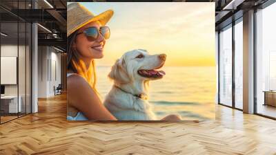 Woman and her dog enjoying sunset at the beach Wall mural