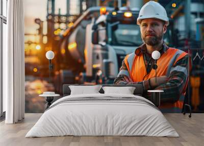 worker in protective gear standing in front of an industrial tanker truck Wall mural