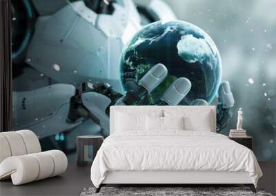 A futuristic robot holding the Earth symbolises thinking about environmental impact in today's digital age Wall mural