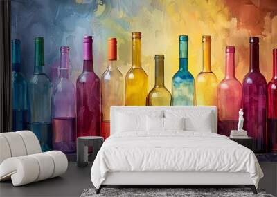 A row of colorful wine bottles on a table Wall mural