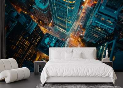 Aerial view of office buildings and traffic in downtown at night Wall mural