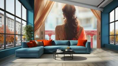 Back view. Beautiful young Indian woman open curtains look in window distance meet welcome new day at home. Wall mural