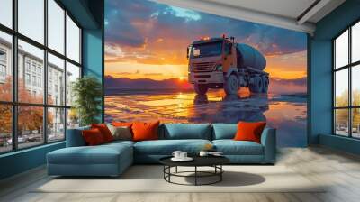 Cement truck machine at sunset Wall mural