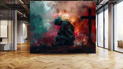 Christian soldier praying with cross in the background. Digital painting Wall mural