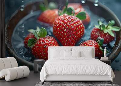 Close-up of four Strawberries in a bowl of water Wall mural