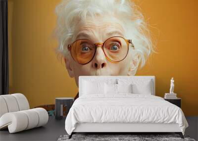 Elderly Woman with white hair and wearing sunglasses makes a funny face Wall mural