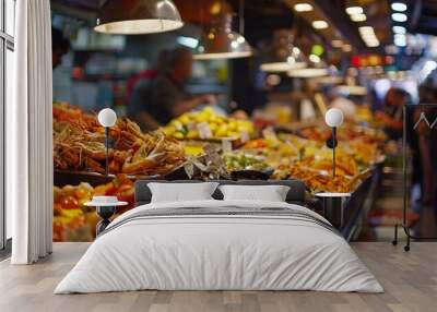 Foodie tour of Spain, savoring tapas and paella in bustling markets and quaint cafes Wall mural