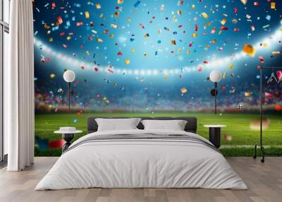 Football stadium background with flying confetti Wall mural