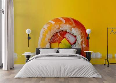 freshness and vibrancy of a delicious sushi roll, sushi, ingredients, arranged, middle of a light yellow backdrop Wall mural