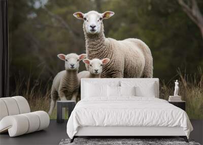 Merino ewe with twin merino lambs in a paddock Wall mural