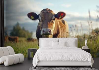 Portrait brown cow grazing in rural field Wall mural