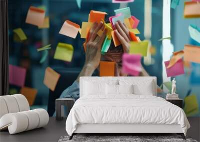 Stressed professional overwhelmed by sticky notes symbolizing mental health challenges and burnout. Concept Mental Health Awareness, Workplace Stress, Burnout Prevention, Coping Mechanisms Wall mural