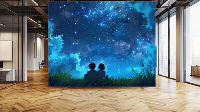 two lovers romantic night couple looking at stars in the sky sitting on green grass field , ultra wide, pragma Wall mural