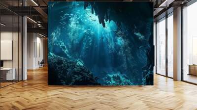 Uncanny underwater cave, bioluminescent creatures dance in azure waters. Deep shadows conceal ancient glyphs, an enigma beneath the waves Wall mural