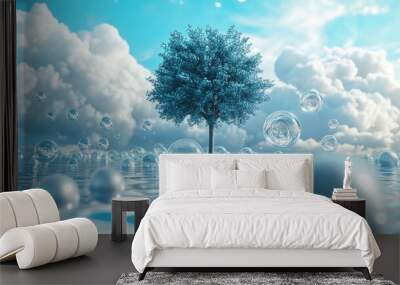 Unreal tree growing in water among glass spheres and white fluffy clouds. Wall mural