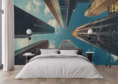 Wide-angle cityscape, exaggerated perspective, towering buildings, urban sprawl Wall mural