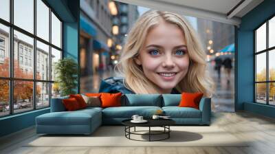 portrait of a young girl in the city, blonde with blue eyes, 25 years old. Smiling.He's looking at us. It's raining. Wall mural