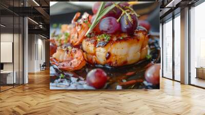 Plate of food with shrimp and grapes, perfect for an event Wall mural