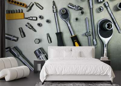 A set of tools and wrenches close-up. Tool for car repair or replacement of car parts, auto parts. Wall mural