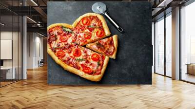  heart-shaped pizza for Valentine's day on a stone background. Valentine's Day gala dinner for two with copy space for your text. Wall mural