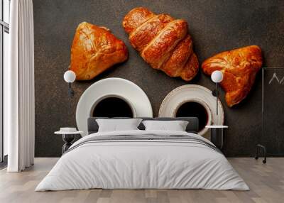 two cups of coffee and croissants on a stone table, early breakfast concept Wall mural