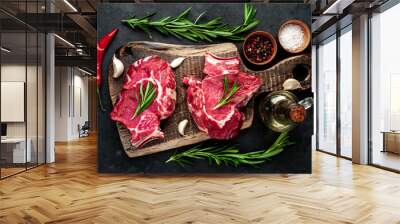 Two raw beef steaks with spices on a stone background. Wall mural