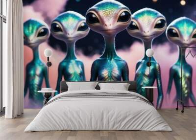 aliens with large eyes and slender bodies standing together against a cosmic background. Copy space template web site banner Wall mural