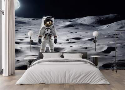 An astronaut stands on the surface of the moon among craters against the backdrop of the planet earth. Outer space Wall mural