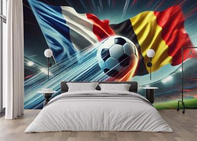 dynamic soccer ball flies in the air with flags of France and Belgium. The soccer ball is prominently in focus, with a motion blur that emphasizes its speed and movement Wall mural