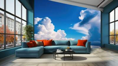 Flight high above the clouds during sunset or sunrise. Aspirations and climate background concept of heaven and heavenly space and freedom in colorful evening or morning panoramic cloudscape Wall mural