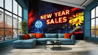 New Year Sales in neon red and blue, with dynamic yellow and red light streaks illuminating a cityscape at night. Bright New Year Sale design. new year sale spacial offer discount rate poster Wall mural