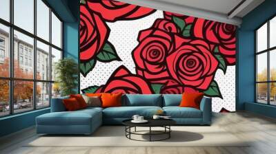 Seamless pattern with red roses. Red roses color set. Black line rose flowers isolated on white background. colored elements illustration for happy Valentines day postcards Wall mural