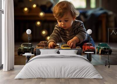 young caucasian baby boy plays with colorful toy cars indoors. little boy plays with toy car at home Wall mural