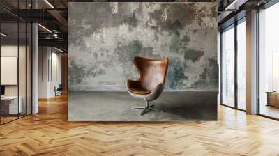 Loft interior mock up photo. Gray textured wall with leather armchair. Background photo with copy space for text. Horizontal Wall mural