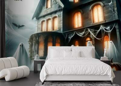 Halloween theme abandoned scary Haunted house with moon at night with glowing pumpkin faces Wall mural