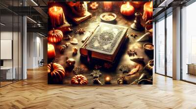 Halloween theme magic books surrounded by amulets, candles, pumpkin masks and other magic items Wall mural