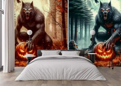 time halloween werewolf enchanted forest moon background Wall mural