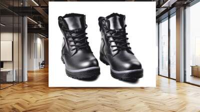 Winter men’s black leather boots on a white background, hiking shoes, practical off-road shoes, close-up Wall mural