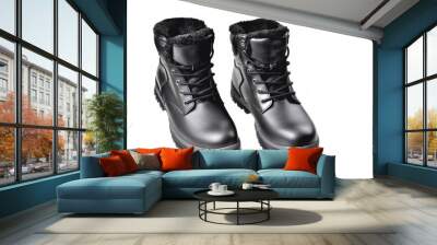 Winter men’s black leather boots on a white background, hiking shoes, practical off-road shoes, close-up Wall mural