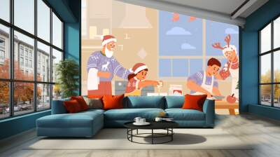 Grandparents with grandchildren making Christmas dinner in the kitchen flat vector illustration. Family preparing for Christmas celebration. Wall mural