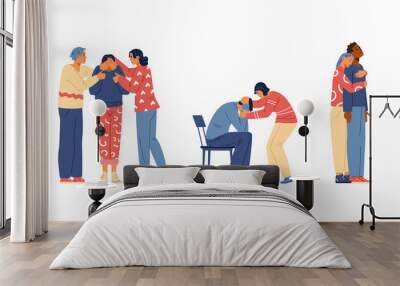 People supporting each other flat vector set. Friends hugging comforting grief and sorrow illustrations. Wall mural