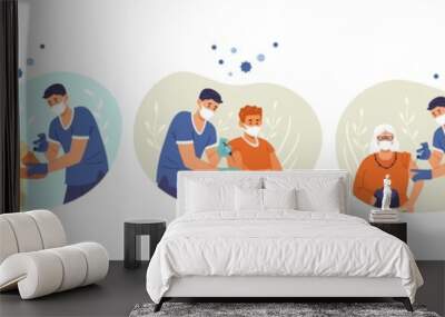 Vacciantion against coronavirus set of vector flat spot illustrations. Different men and women getting vaccine shots. Wall mural