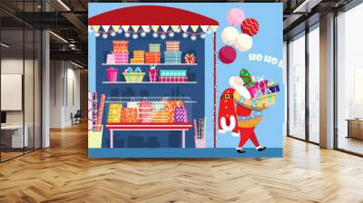 Vector illustration of Santa going from gift shop with lots of presents and christmas tree. Wrapping service. Gift boxes, gift pockets, wrapping paper, garlands and balloons. Wall mural