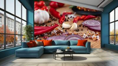 spices onion red pepper garlic on wood board Wall mural