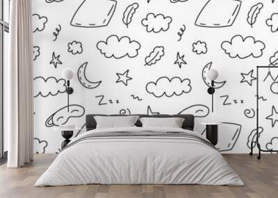 Doodle sleep night items seamless pattern. Hand drawn sleeping elements pattern Wall mural