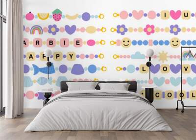 Vector funky bracelets flat set. Cute plastic bead bracelets with hearts, mermaid, rainbow and fruits. Wall mural