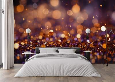 Gold and purple abstract glitter confetti bokeh background, generative AI Wall mural